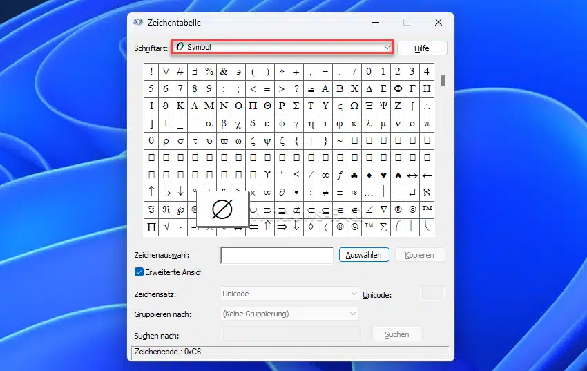Durchschnittszeichen Windows Zeichentabelle