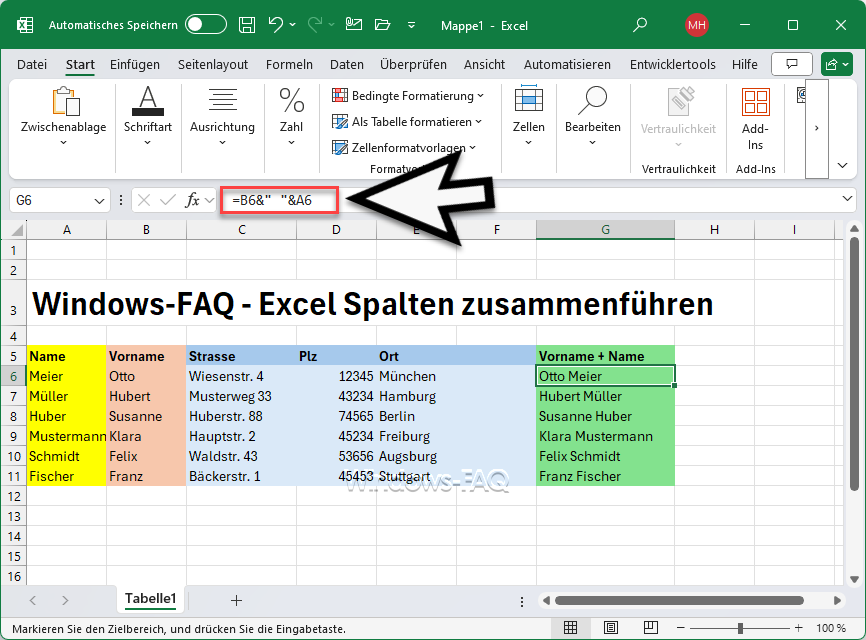 Excel Spalten zusammenführen mit &