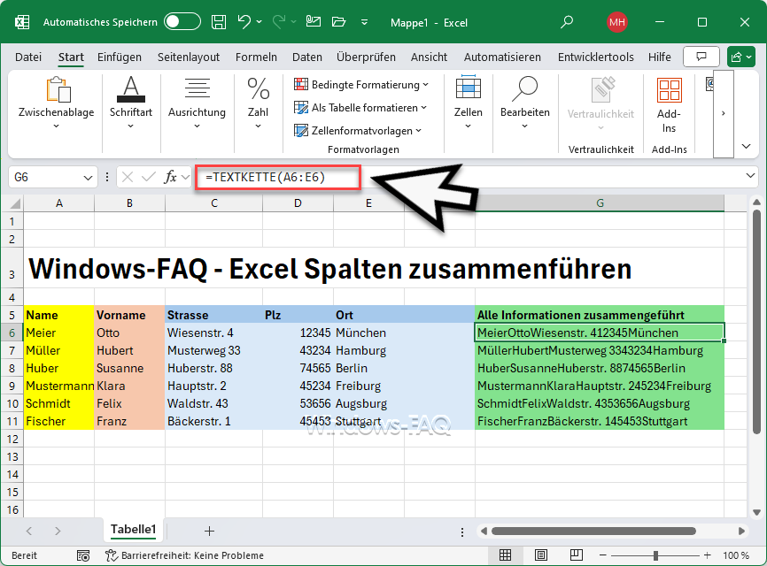 Excel Spalten zusammenführen mit Textkette