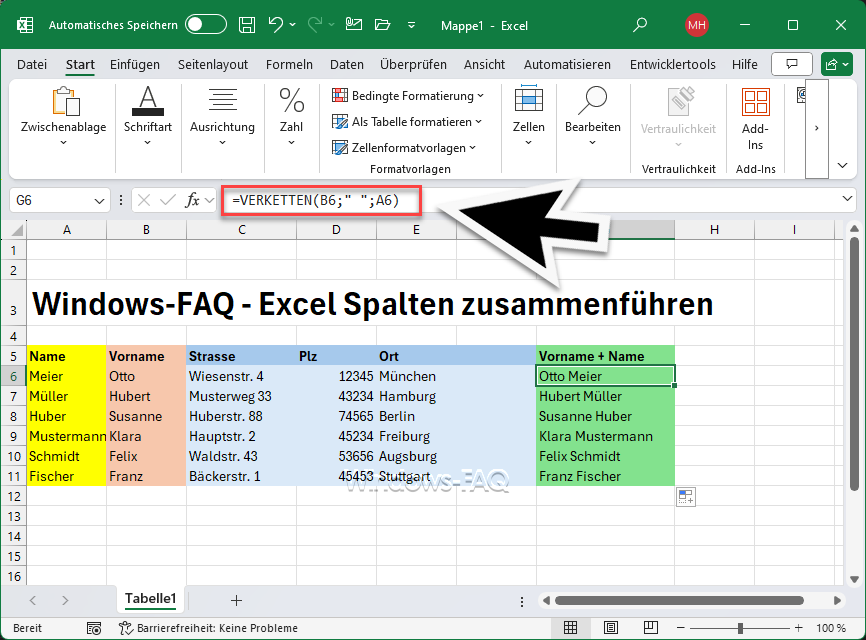 Excel Spalten zusammenführen mit verketten