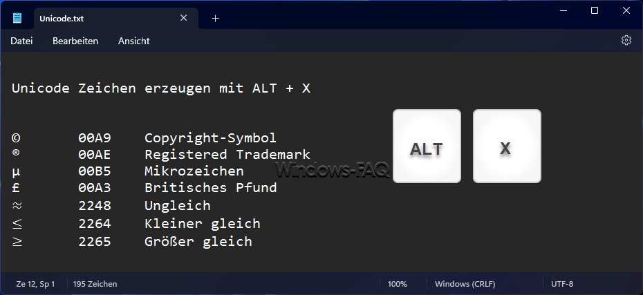 Unicode Zeichen erzeugen mit ALT X