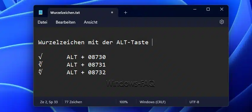 Wurzelzeichen ALT Taste