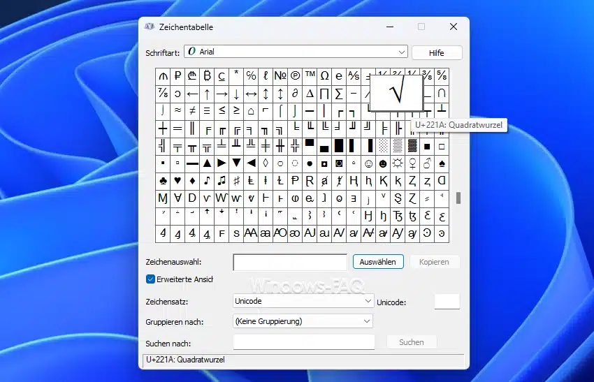 Wurzelzeichen Windows Zeichentabelle Arial
