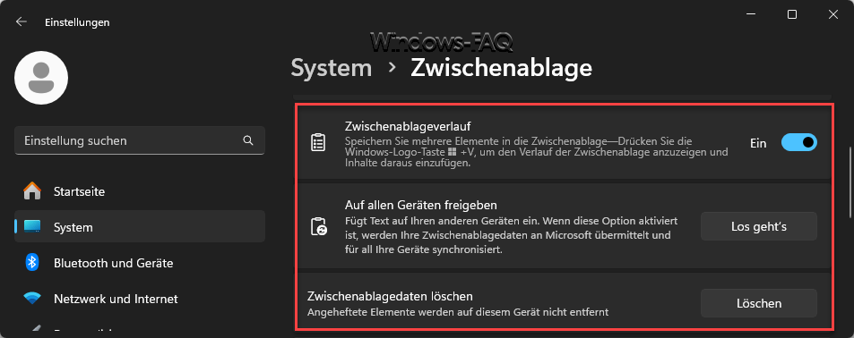 Zwischenablage öffnen Einstellungen