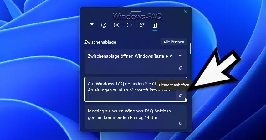 Zwischenablage öffnen Element anheften