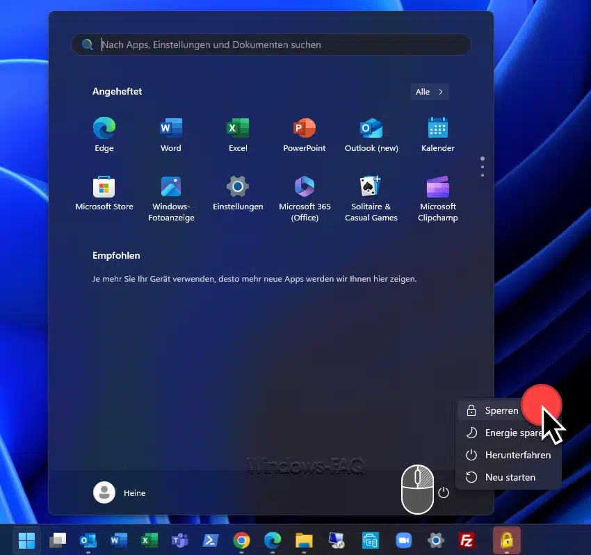 Bildschirm sperren Windows Menü