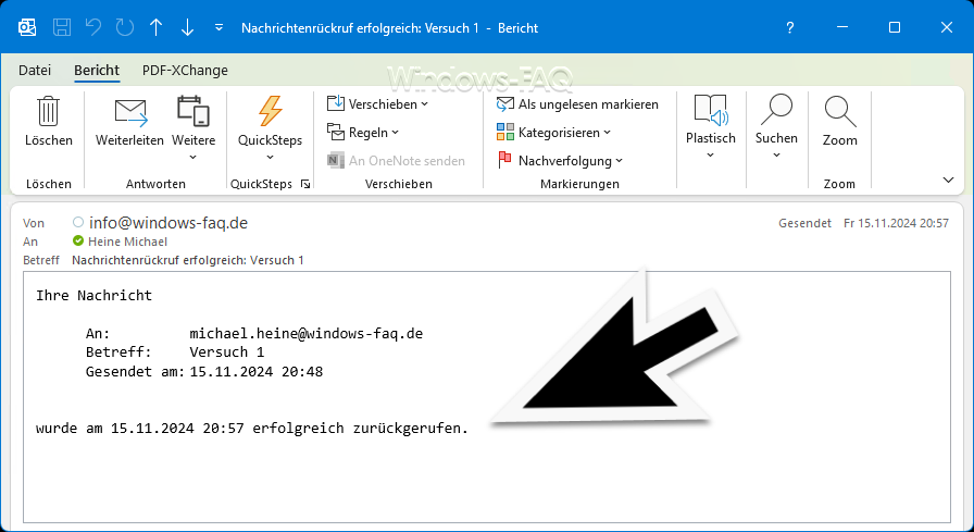 Outlook Mail zurückrufen erfolgreich