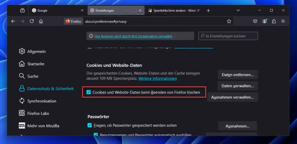 Firefox Cookies löschen - Beim Beenden von Firefox löschen