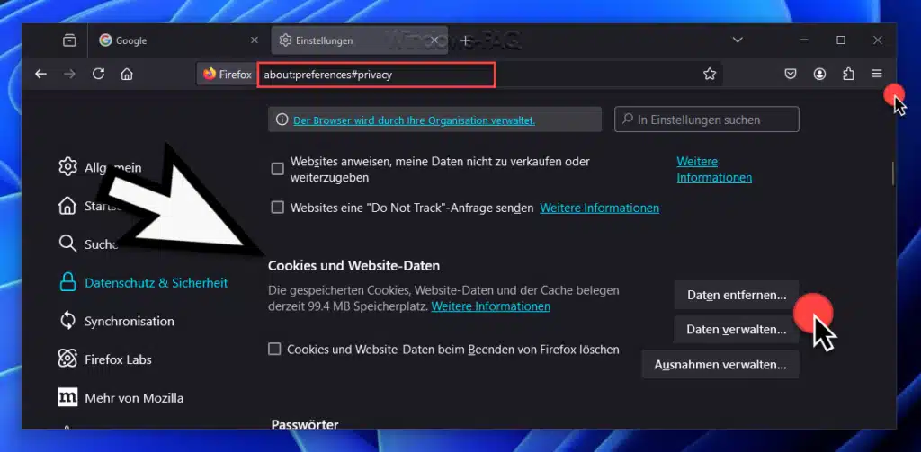 Firefox Cookies löschen - Preferences Privacy