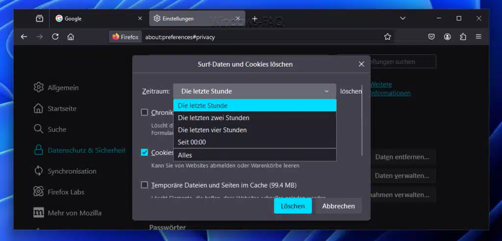 Firefox Cookies löschen - Zeitraum festlegen