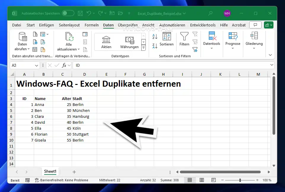 Excel Duplikate entfernen Ergebnis
