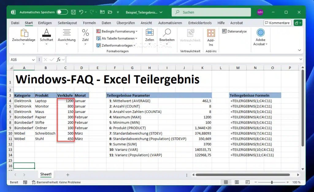 Excel Teilergebnis Funktion
