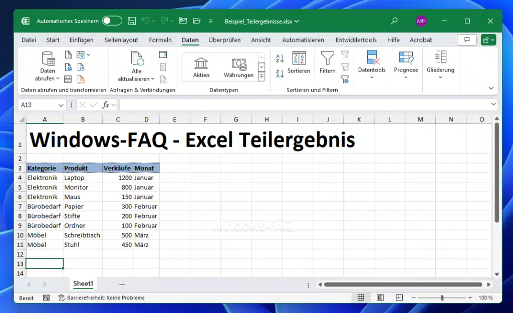 Excel Teilergebnis Tabelle