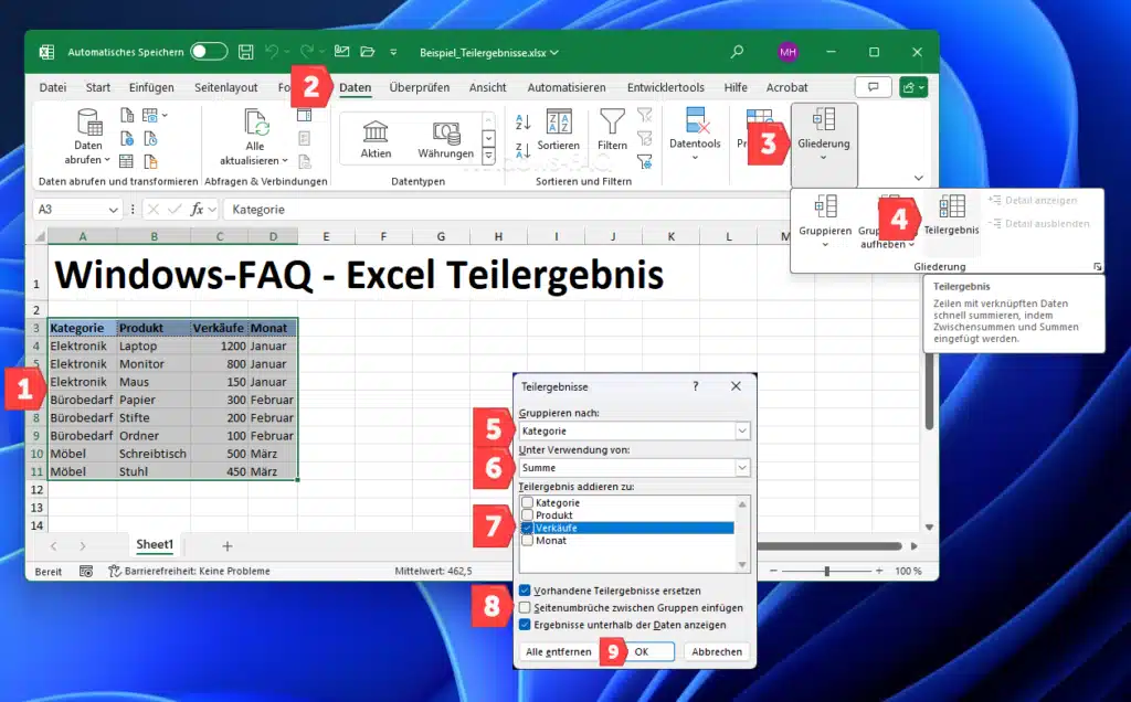 Excel Teilergebnis erstellen