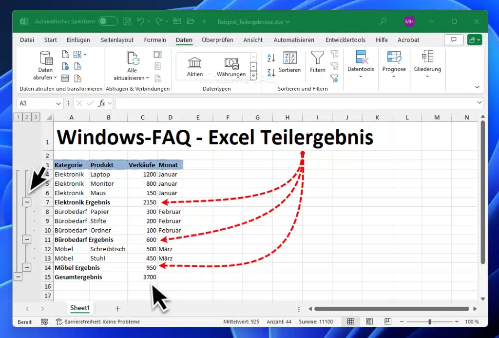 Excel Teilergebnis sichtbar