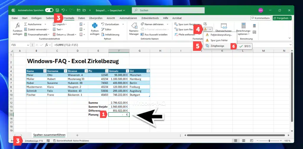 Excel Zirkelbezug finden Formeln Zirkelbezüge