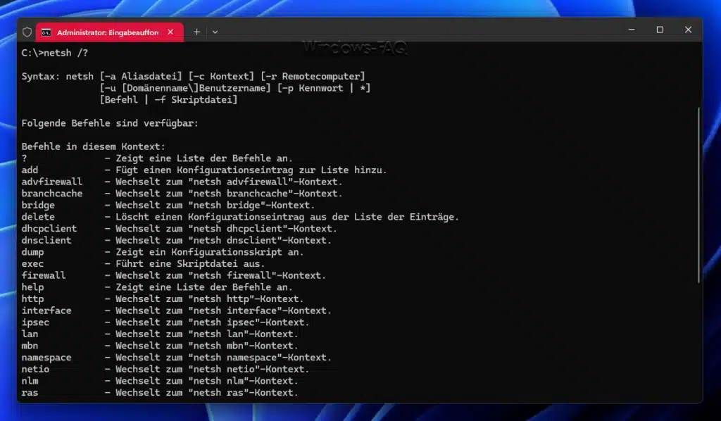 Netsh Aufruf und Parameter