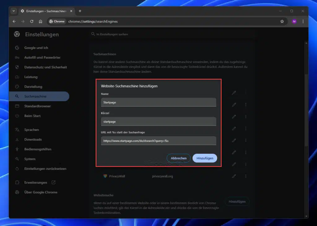 Startpage als Standardsuchmaschine Chrome Suchmaschinendaten