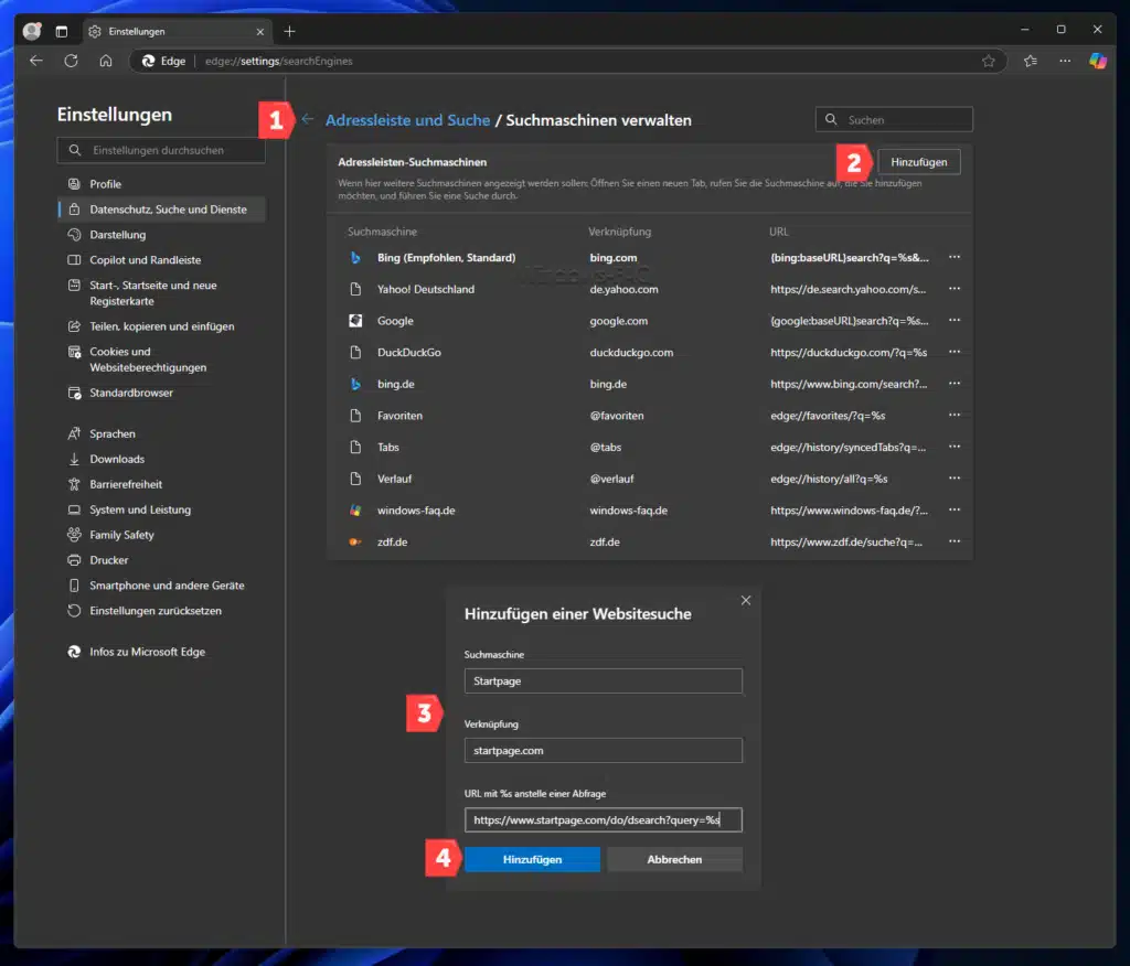 Startpage als Standardsuchmaschine Edge