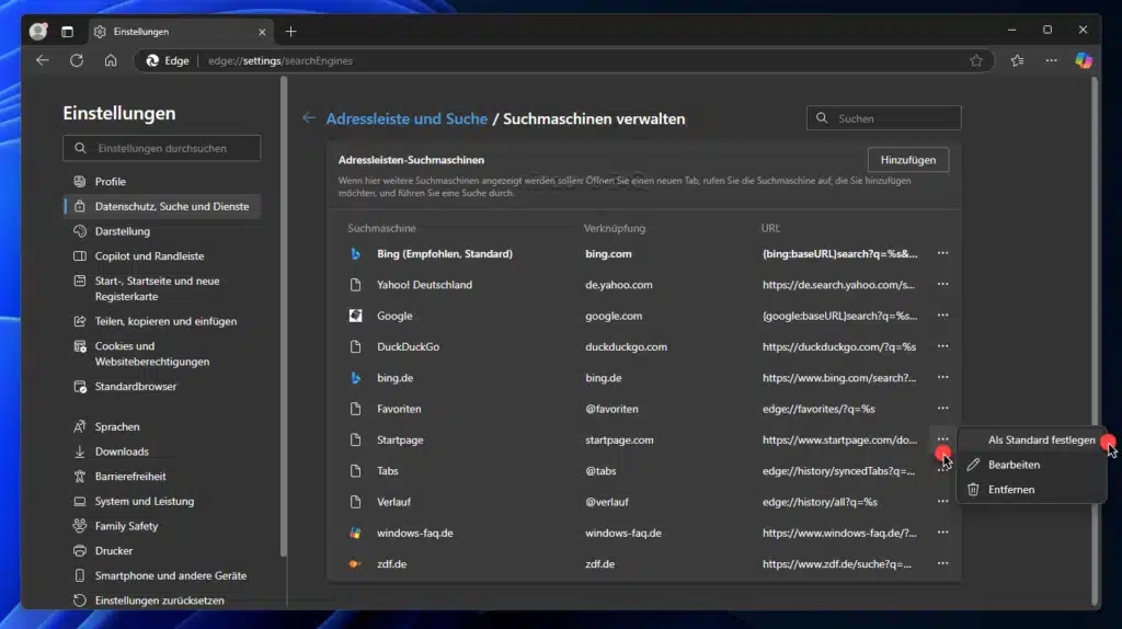 Startpage als Standardsuchmaschine Edge als Standard festlegen
