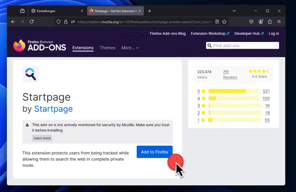 Startpage als Standardsuchmaschine Firefox Startpage Add-On hinzufügen