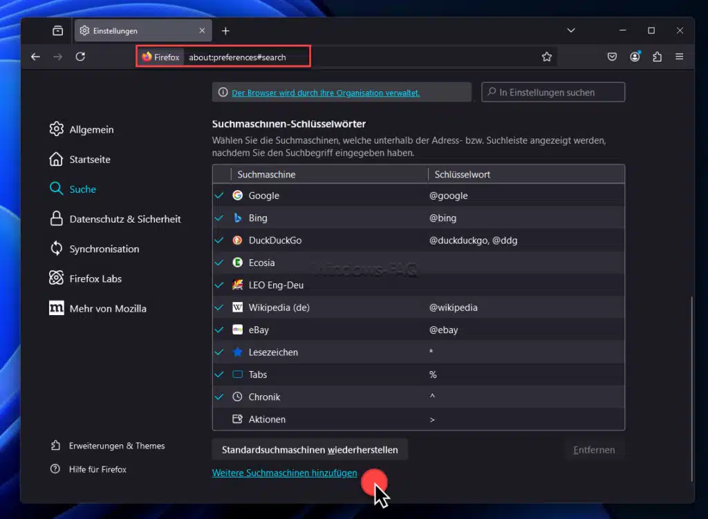 Startpage als Standardsuchmaschine Firefox weitere Suchmaschine hinzufügen