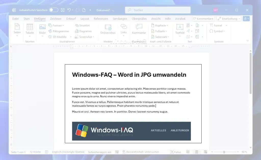 Word in JPG umwandeln Bildschirmausschnitt auswählen