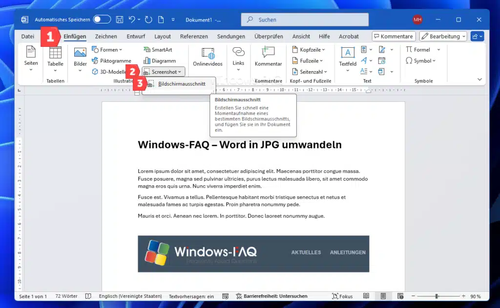 Word in JPG umwandeln Screenshot Bildschirmausschnitt